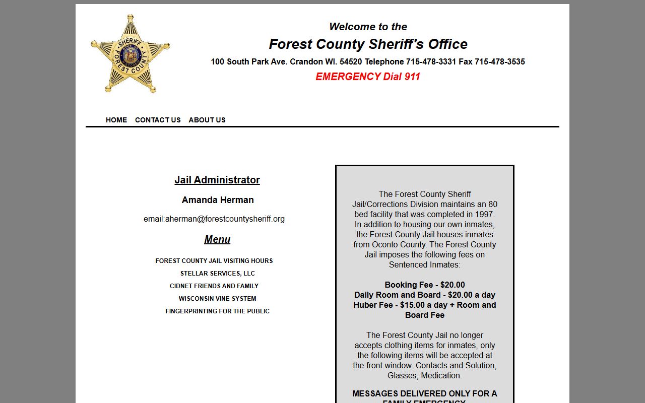 Forest County Jail page with inmate population and jail records information