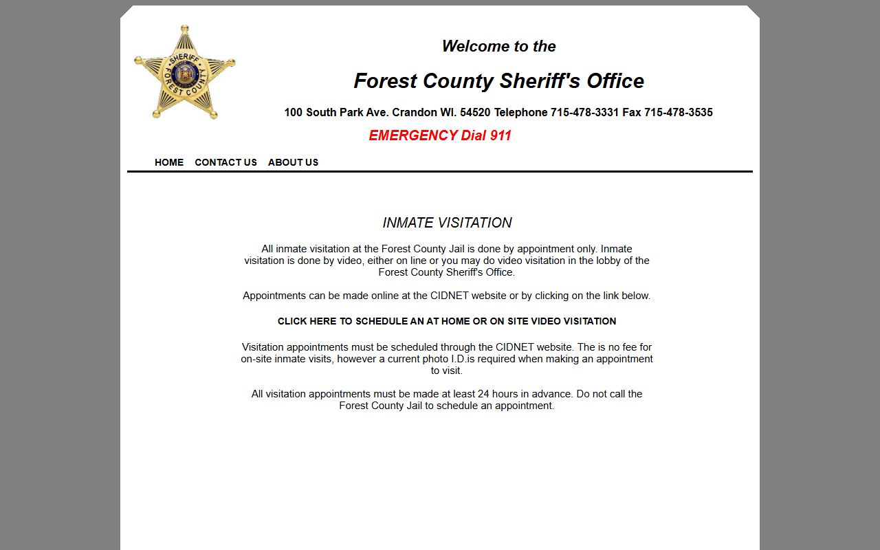 Forest County Jail video visitation page with inmate visiting rules